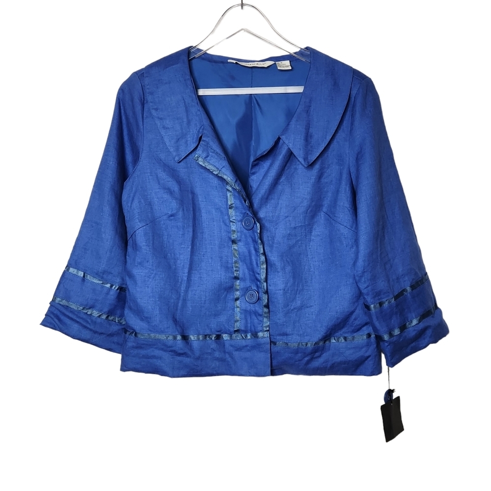 NWT Mandarine Blue Linen Cropped Button Front Blazer Jacket Size Medium Career